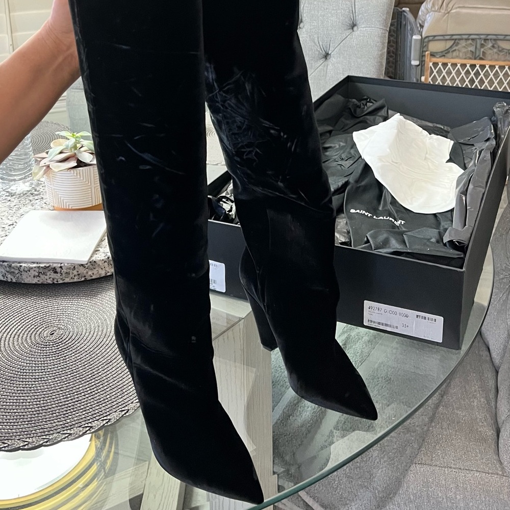 Saint Laurent black velvet Niki boots thigh high